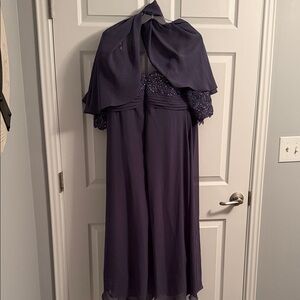 Elegant Dark Purple Beaded Maxi Dress with Capelet